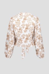 Beige blouse met strik en bruine bloemenbroderie van Geisha voor Dames