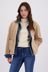 Voorkant van Beige teddy jas met denim door Geisha voor Dames