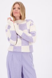 Voorkant van Beige trui met lila dambordmotief door Liberty Loving nature voor Dames