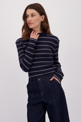 Voorkant van Blauw geribd truitje met wit gestreept motief  door LŌVING voor Dames