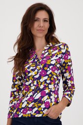 Blauwe polo met paars-gele bloemenprint van Claude Arielle voor Dames