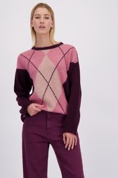 Voorkant van Bordeaux-roze geruite trui door More & More voor Dames