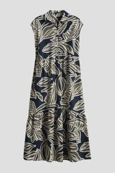 Donkerblauw midi kleedje met groene bladerprint van Opus voor Dames