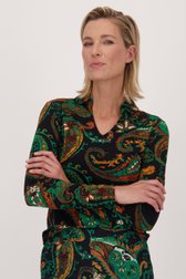 Voorkant van Donkerblauwe polo met groene paisley print door Claude Arielle voor Dames