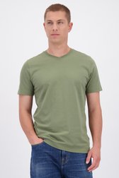 Voorkant van Grijsgroen katoenen T-shirt met V-hals door Liberty Island voor Heren