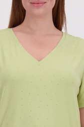 Detail van Groen T-shirt met V-hals en strass door Yest Curve voor Dames