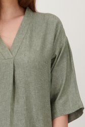 Detail van Linnen groen-grijs kleedje met V-hals door Libelle voor Dames