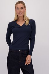 Le devant de T-shirt bleu foncé à col en V et manches longues de Liberty Island pour Femmes