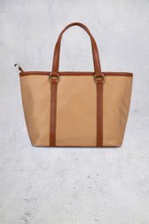 Achterkant van Taupe handtas met bruine leather look details door Laurent David voor Dames