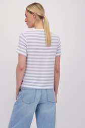 Achterkant van Wit-blauw gestreepte T-shirt met V-hals door Liberty Island voor Dames
