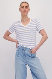 Voorkant van Wit-blauw gestreepte T-shirt met V-hals door Liberty Island voor Dames