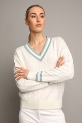 Voorkant van Witte golftrui met kabelmotief en blauwe boorden  door Dansaert Golf Club voor Dames