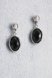 Voorkant van Zilveren oorbellen met zwarte ovale hanger door Liberty Island voor Dames
