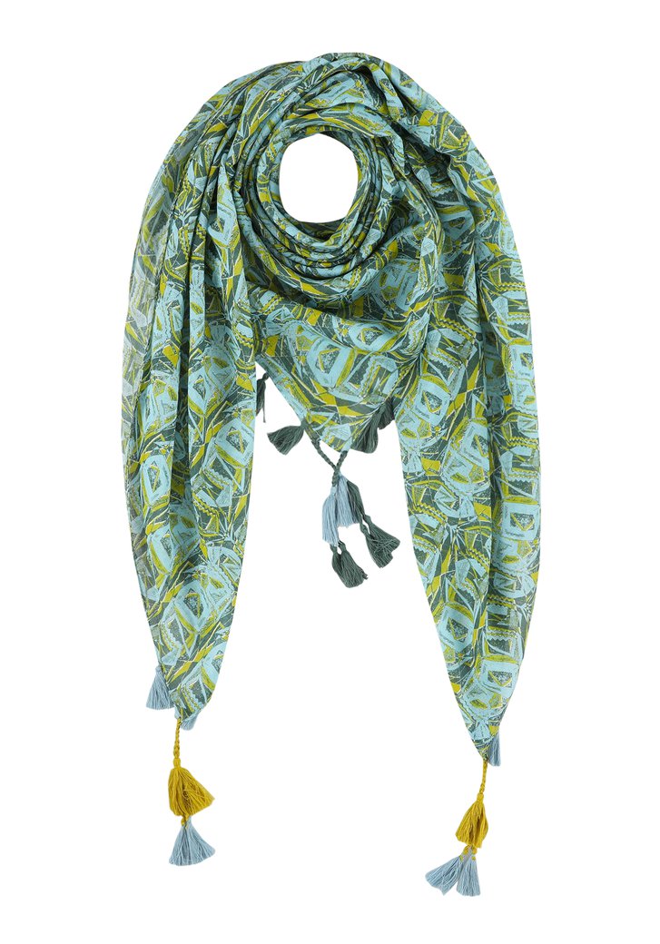 Blauw-groene sjaal met print en franjes