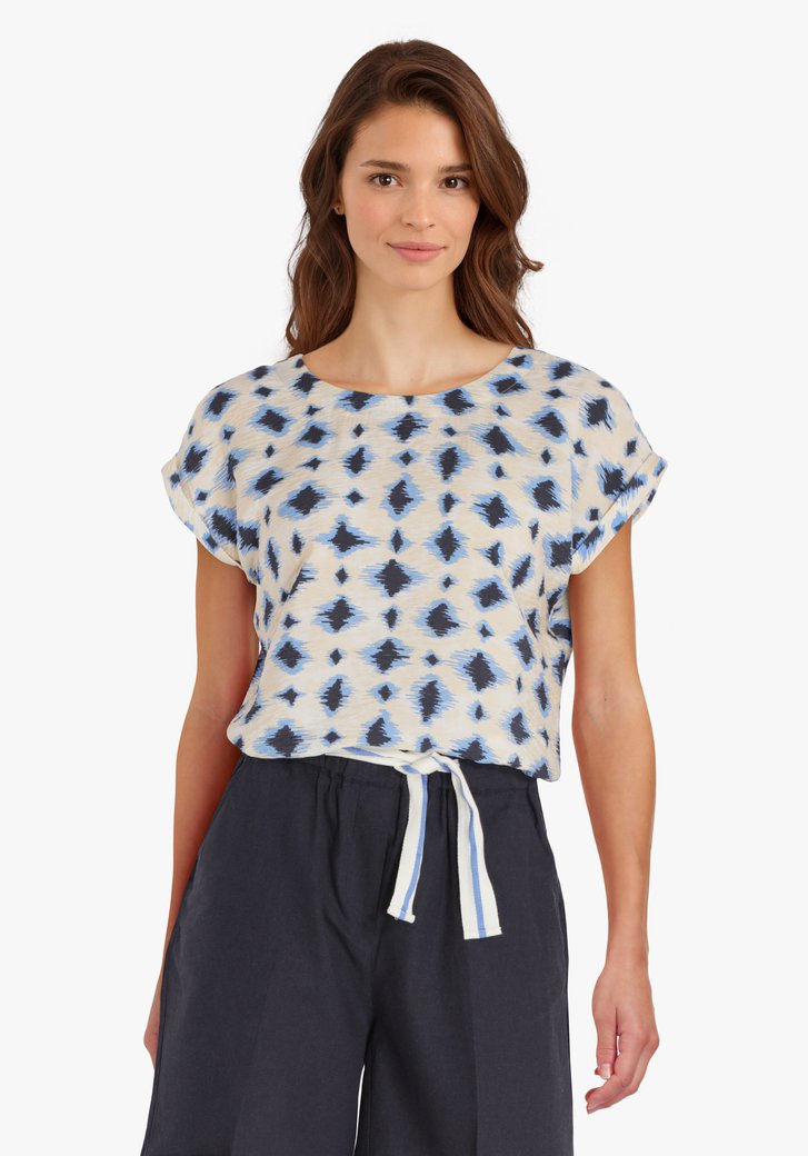Ecru blouse met blauwe print in viscose