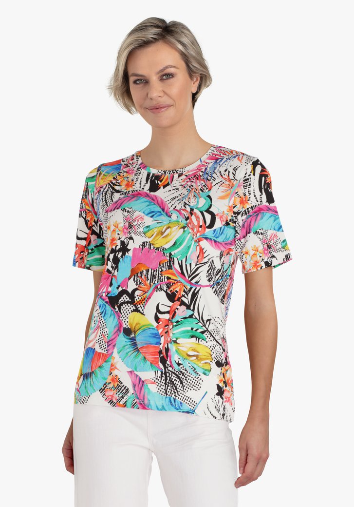Ecru T-shirt met tropische print