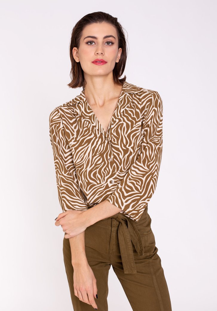 Kaki blouse met beige zebraprint