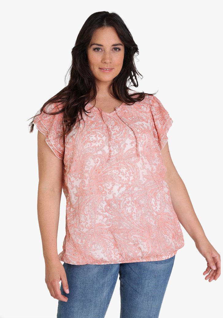 Koraalroze blouse met print