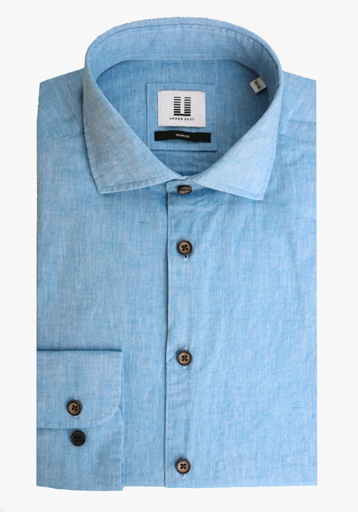Lichtblauw hemd in linnen en katoen - slim fit