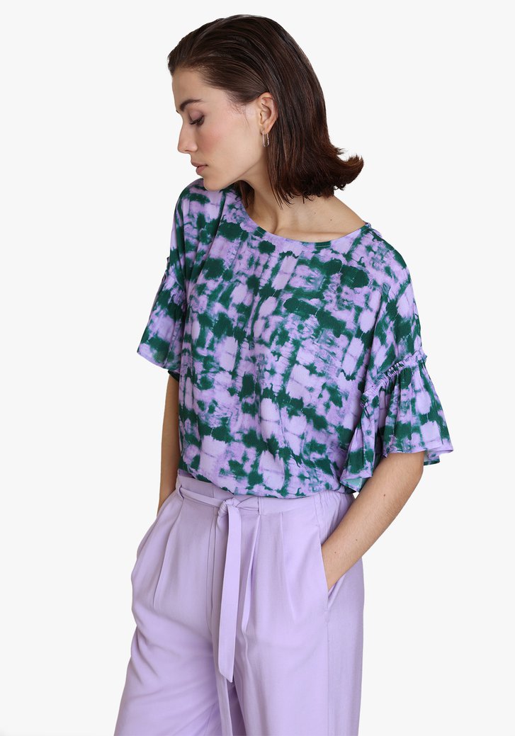 Lila blouse met groene tie-dye print