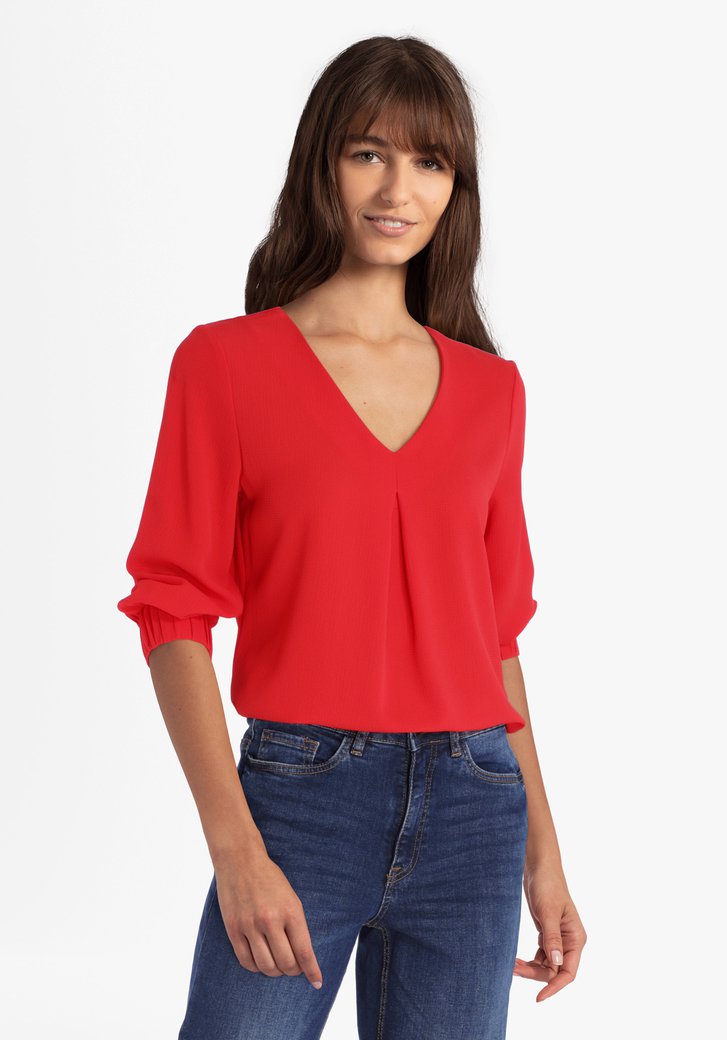 Rode blouse met V-hals en 3/4 mouwen