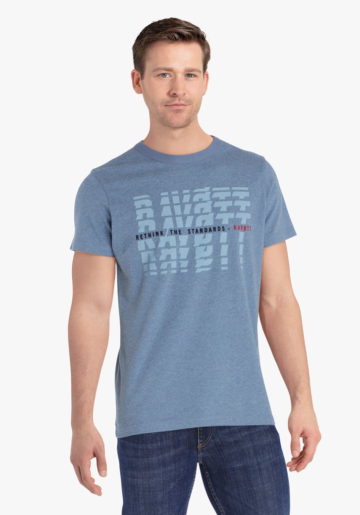 Staalblauwe T-shirt met opschrift