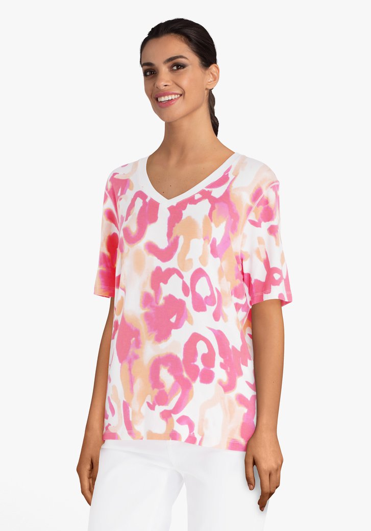 T-shirt met koraalrode print en V-hals