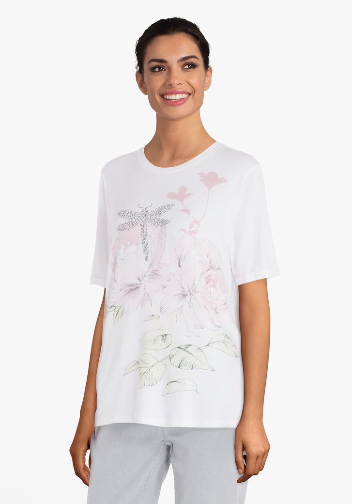 Wit T-shirt met bloemenprint en strass