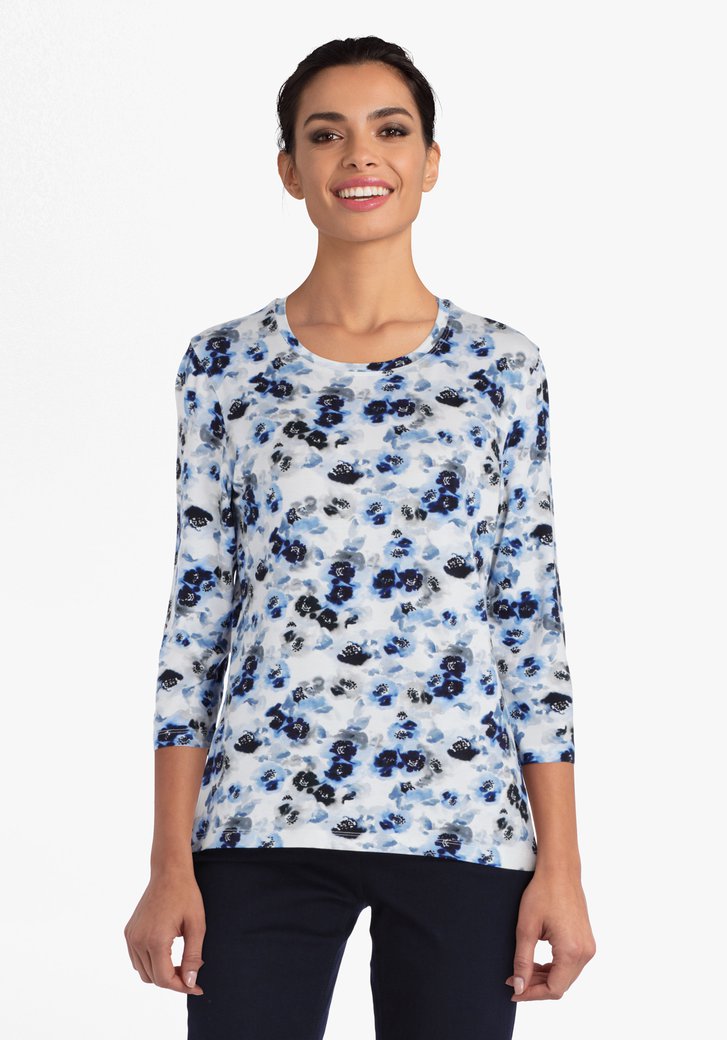 Witte T-shirt met bloemenprint in grijs en blauw
